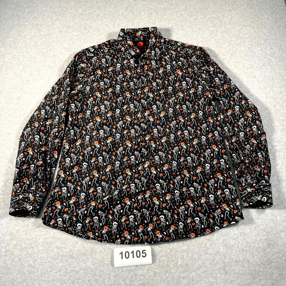 Simon Banks Shirt Mens Large Black Halloween Skeleton Collared Button Up Casual